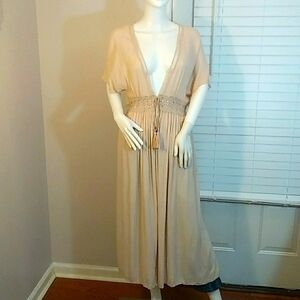 Lavender Field Womens Tan Maxi Dress Embroidery Tie & Tassel at Waistline Size M